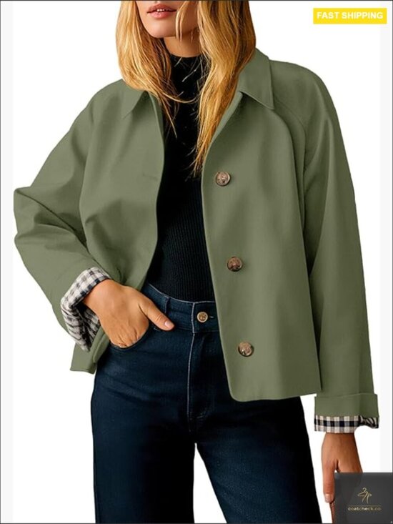 Jackets & Blazers - Cropped Trench Coat Lightweight Windbreaker Fall Jacket Single Breasted Plaid
